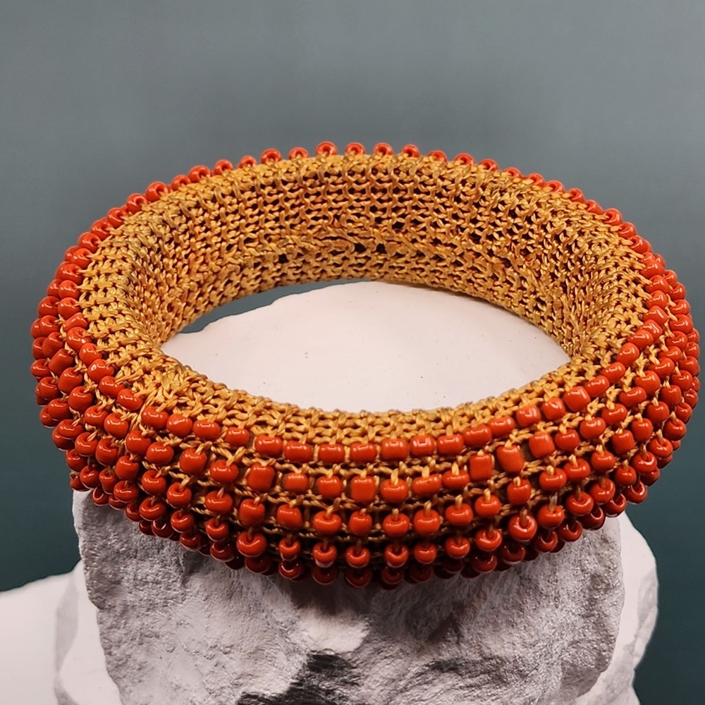 Orange Glass Seed Bead Woven Cuff Bracelet Tan Fiber Wide Boho Statement 8in